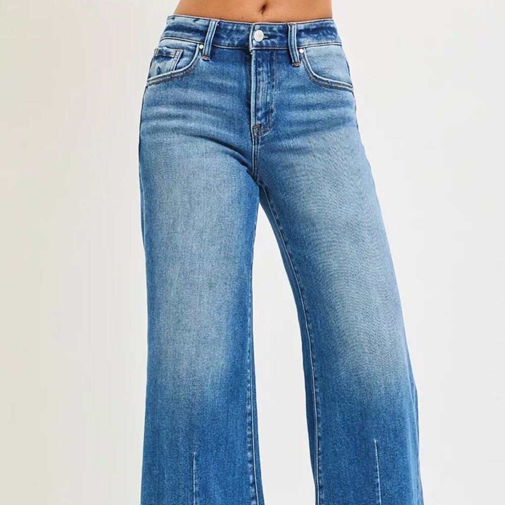 RISEN Full Size Mid Rise Wide Leg Jeans with Flared Look Plus Size - Picture 2 of 6